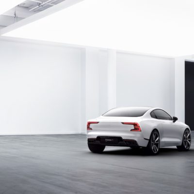Polestar 1 white exterior, 3/4 rear